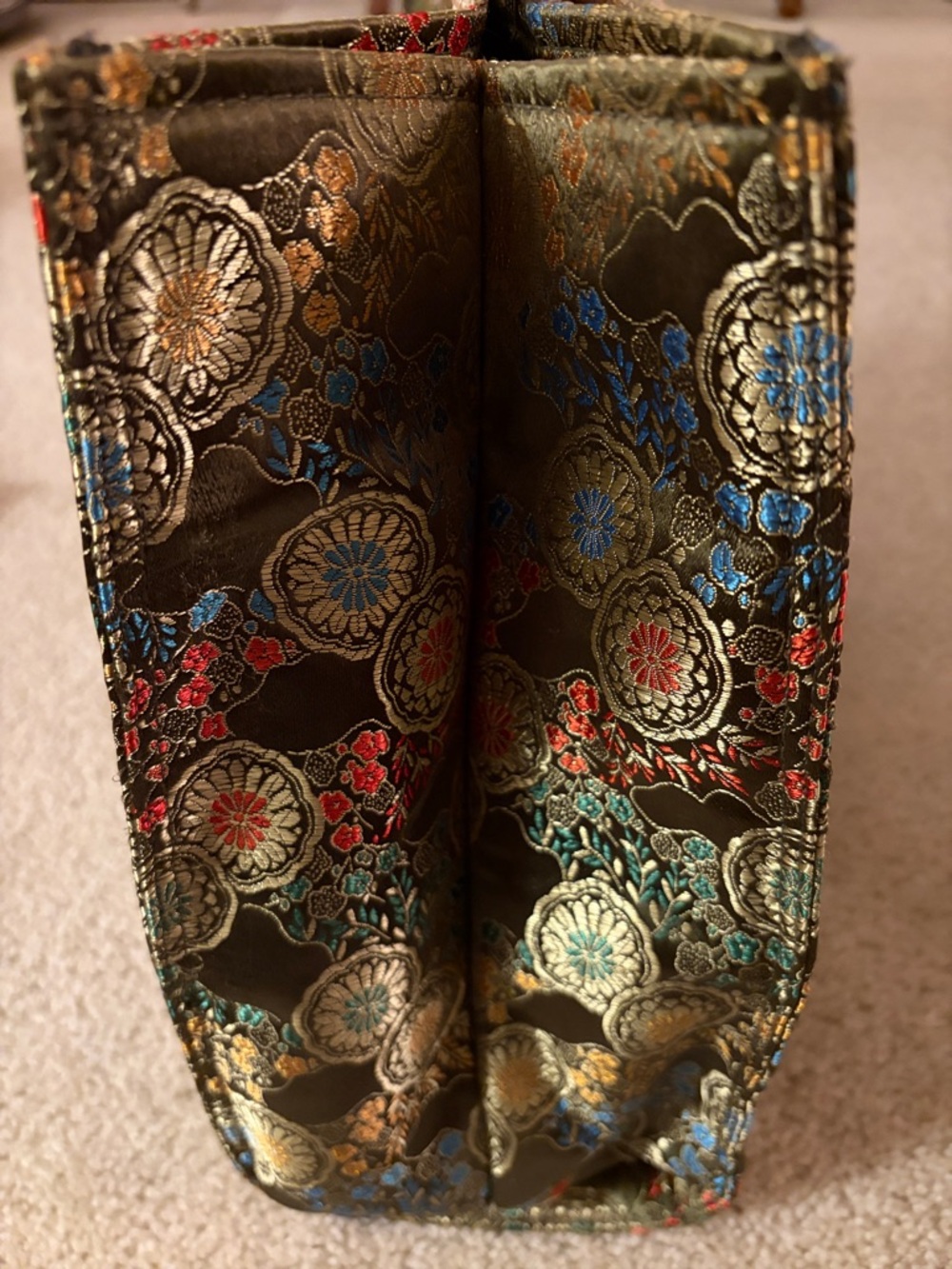 Oriental Olive Green Vibrant Floral Jacquard Satin Tote Bag with Beige Straps - Picture 8 of 16